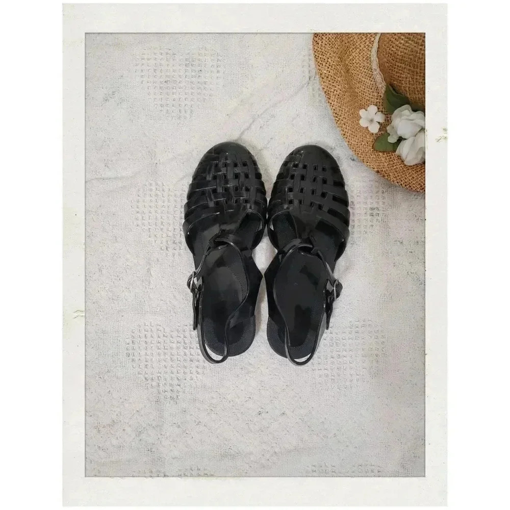 Vintage Black Jelly Gellies Y2K Retro Flat Size 8 Sandals